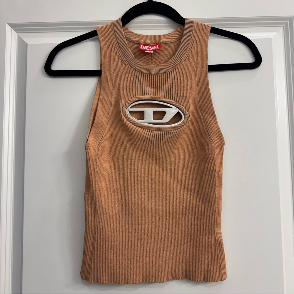 Diesel Tan Ribbed Tank Top with Logo Cutout